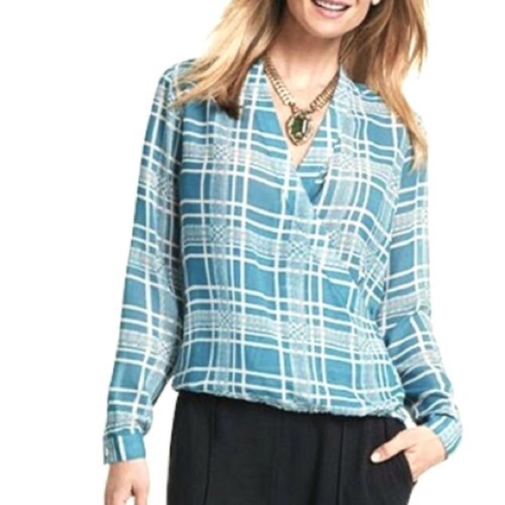 Cabi Windowpane Faux Wrap Blouse (M)